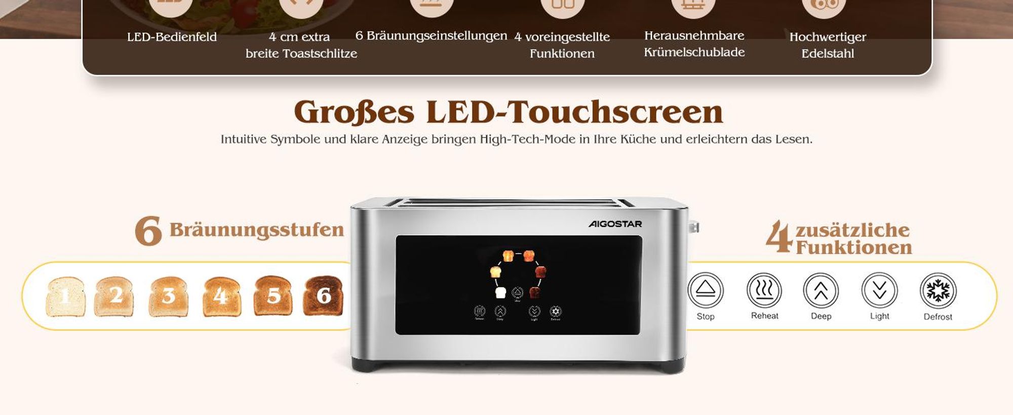 Aigostar Toaster 2/4 Scheiben, 6 Bräunungsstufen, LED-Touchscreen, Toaster Langschlitz , 2 lange Schlitze, 1400 W Brotzentrierung, Edelstahl
