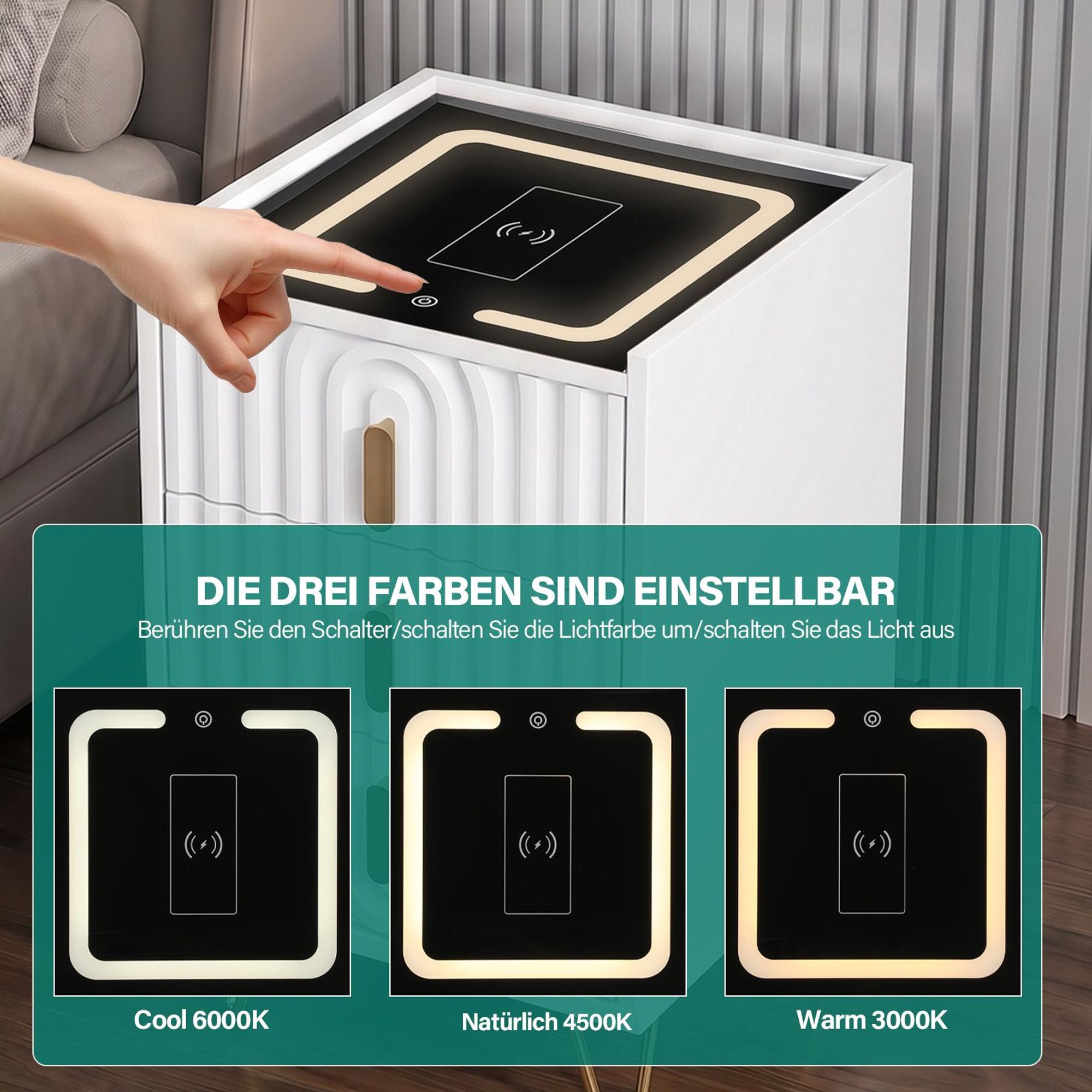 OYAJIA Nachttisch Nachttisch mit LED-Beleuchtung, Beistelltisch mit 15W Kabelloses Laden mit USB + Type-C, Beistelltisch, 3 Schubladen, modern