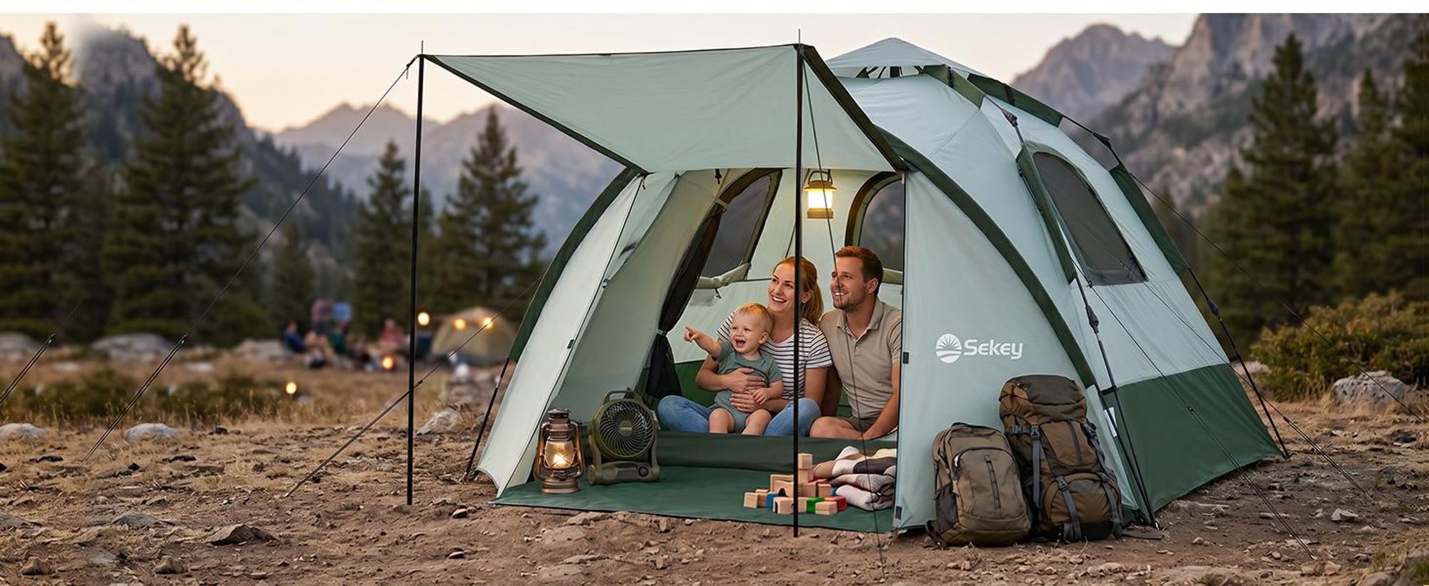 Sekey Kuppelzelt 4 Personen mit Vorzelt & Markise, Pop Up Campingzelt, Wasserdicht PU3000 mm, UPF 50+, Familienzelt