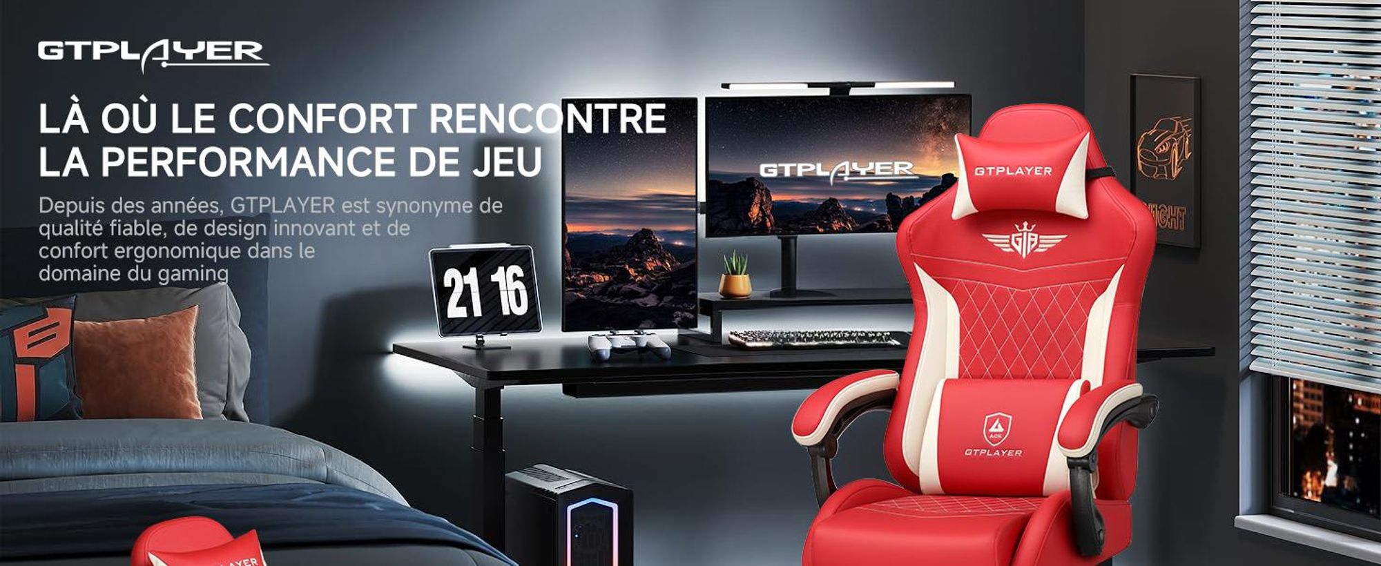 Chaise de jeu GTPLAYER, chaise de jeu ergonomique en cuirPolyuréthaneavec soutien lombaire, chaise PC avec dossier élargi, supporte jusqu'à 150 kg, Ro