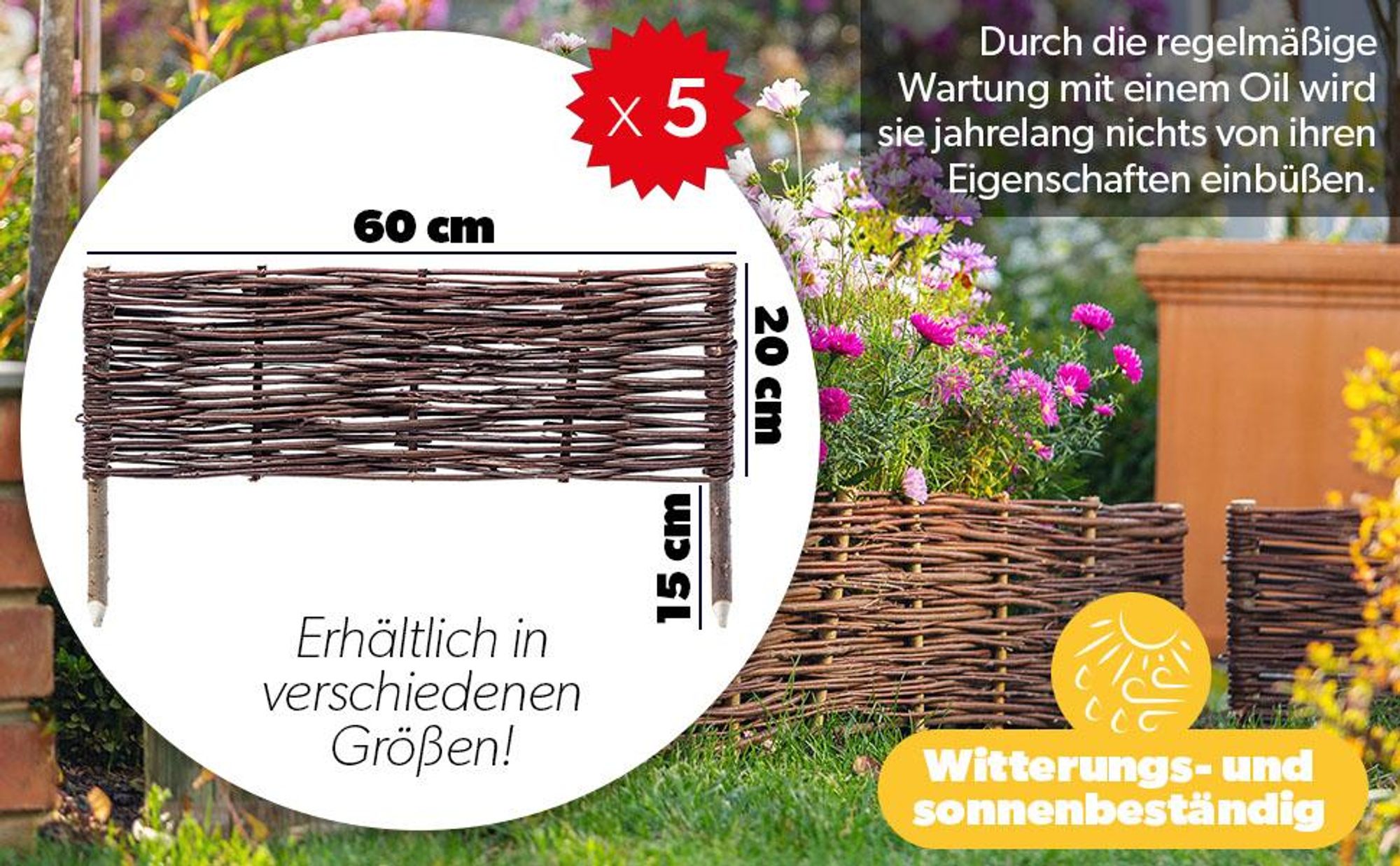 KADAX Palisade aus Weide "Holme", natürlicher Weidenzaun, 20 cm, 5 Stück