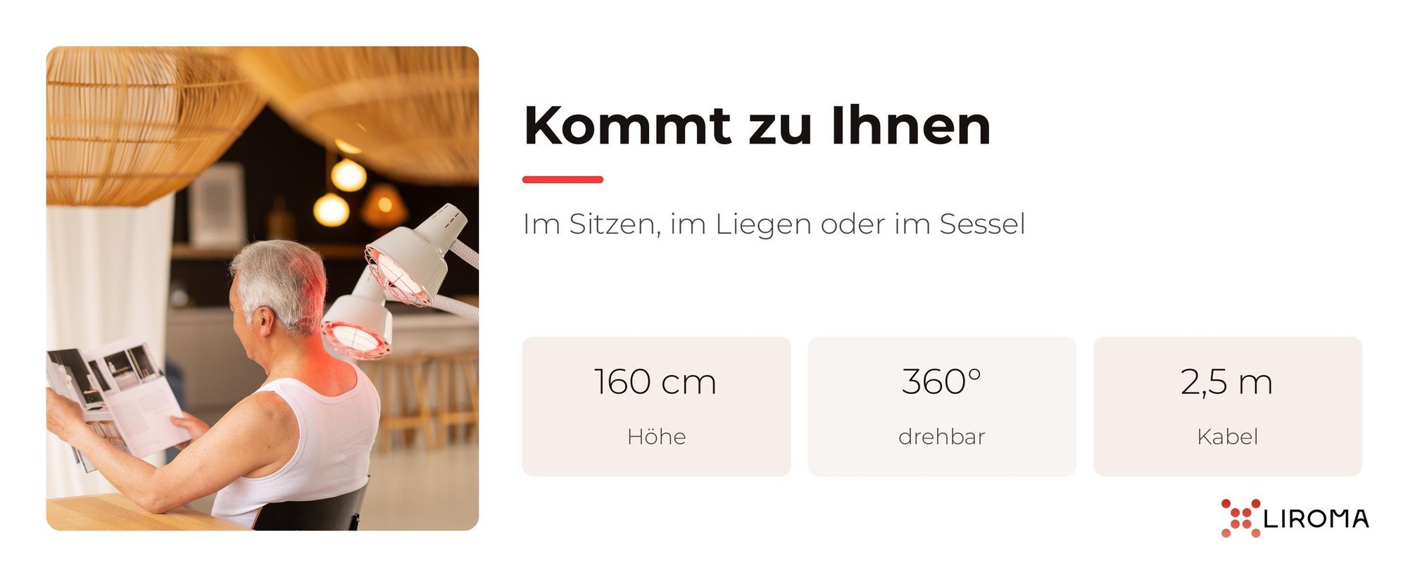Mann liest im Sessel unter der LIROMA Infrarotlampe, 160 cm hoch, 360° drehbar, 2,5 m Kabel