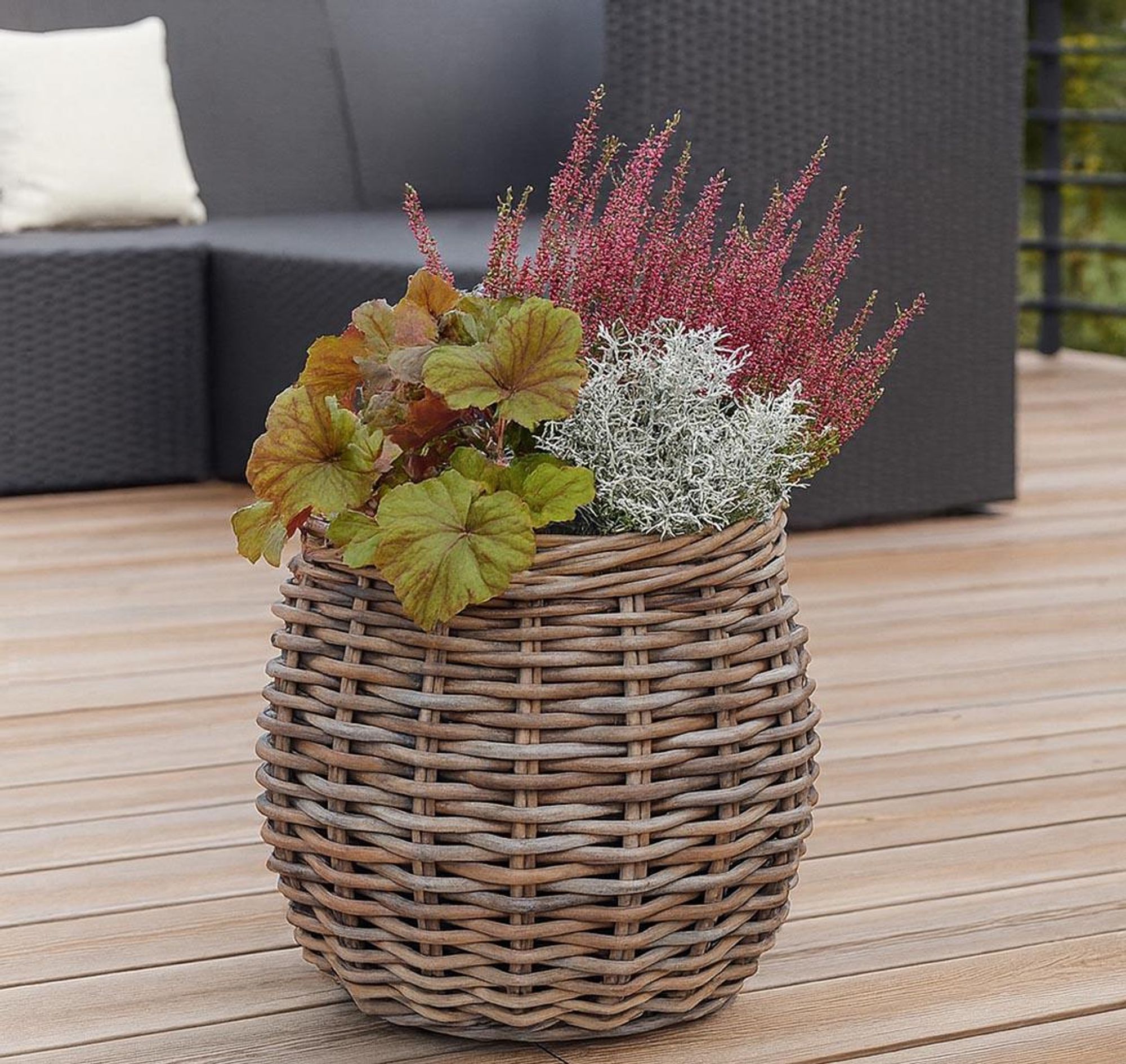 Kobolo Pflanzkorb Übertopf Boho geflochten Dm. 26cm BOTAN aus Rattan rund mit Folie ausgeschlagen kubu grey grau | Handgefertigt Blumentopf Wohnzimmer