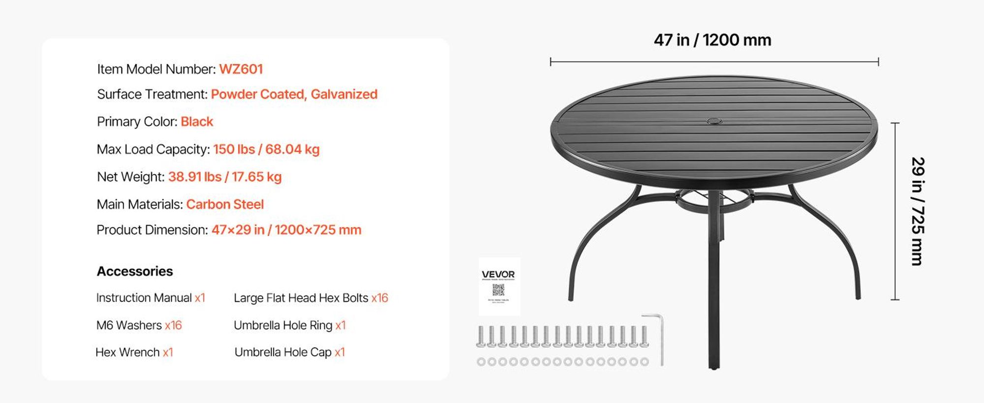 VEVOR Terrassentisch Gartentisch Balkontisch (1200 x 725 mm) aus Kohlenstoffstahl runder Esstisch für Outdoor Hof Terrasse Garten Veranda, wasserfest, mit 38 mm Schirmloch, 68 kg Tragkraft Schwarz