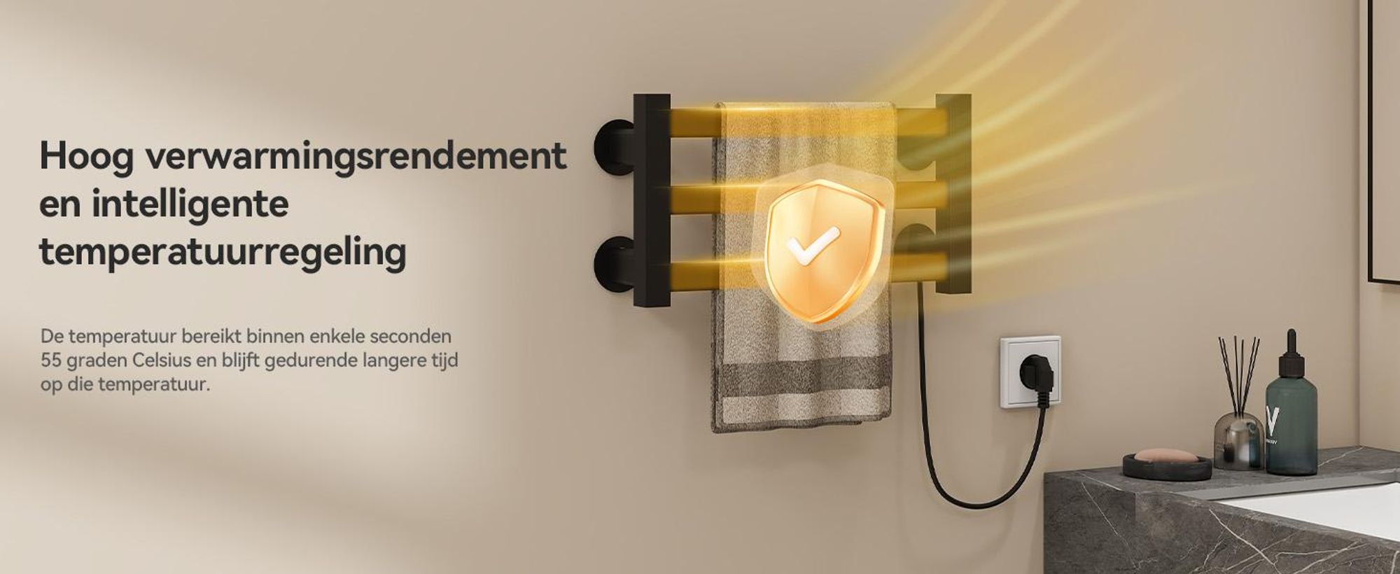 Puluomis Elektrische handdoekwarmer met één drukknopbediening, constante temperatuur van 55°C, IPX4 waterdicht, badradiator 40x21.6cm, zwart