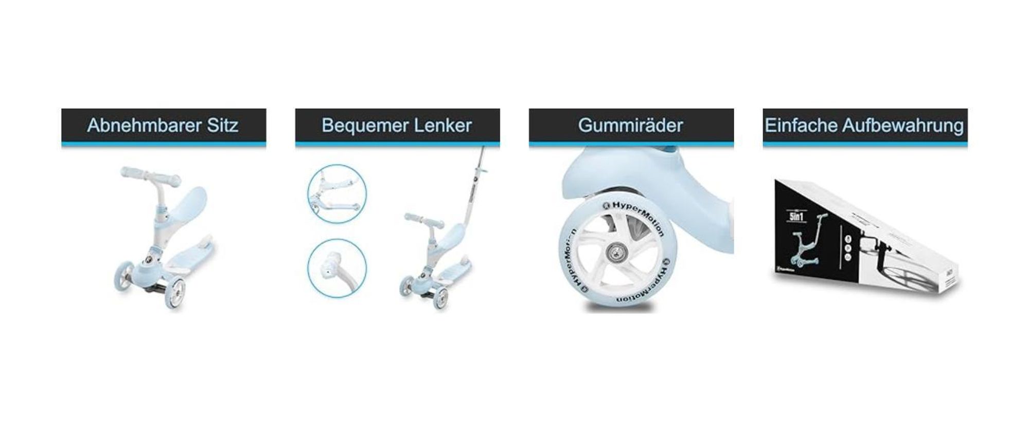 5-in-1 Kinderroller mit Schiebefunktion und Gummirädern, blau