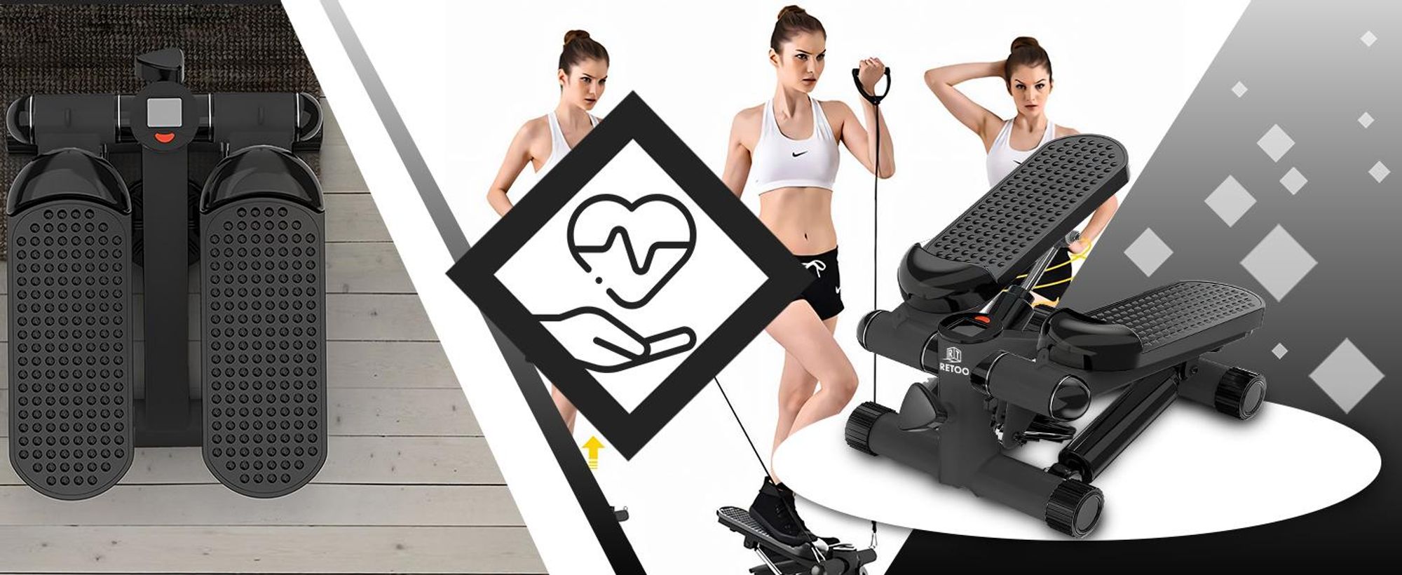 Fitness Stepper höhenverstellbar für Zuhause mit LCD-Bildschirm, Anti-Rutsch und Power Ropes, Mini-Stepper Tragfähigkeit 100 kg Retoo