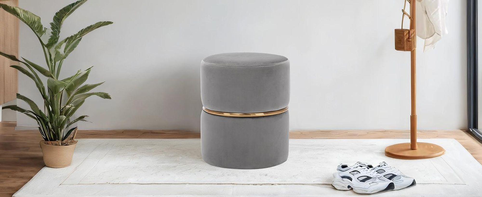 Duhome Samt Sitzhocker Gepolsterter Ottoman Rund Polsterhocker für Schlafzimmer Wohnzimmer Hauseingang Flur, Grau