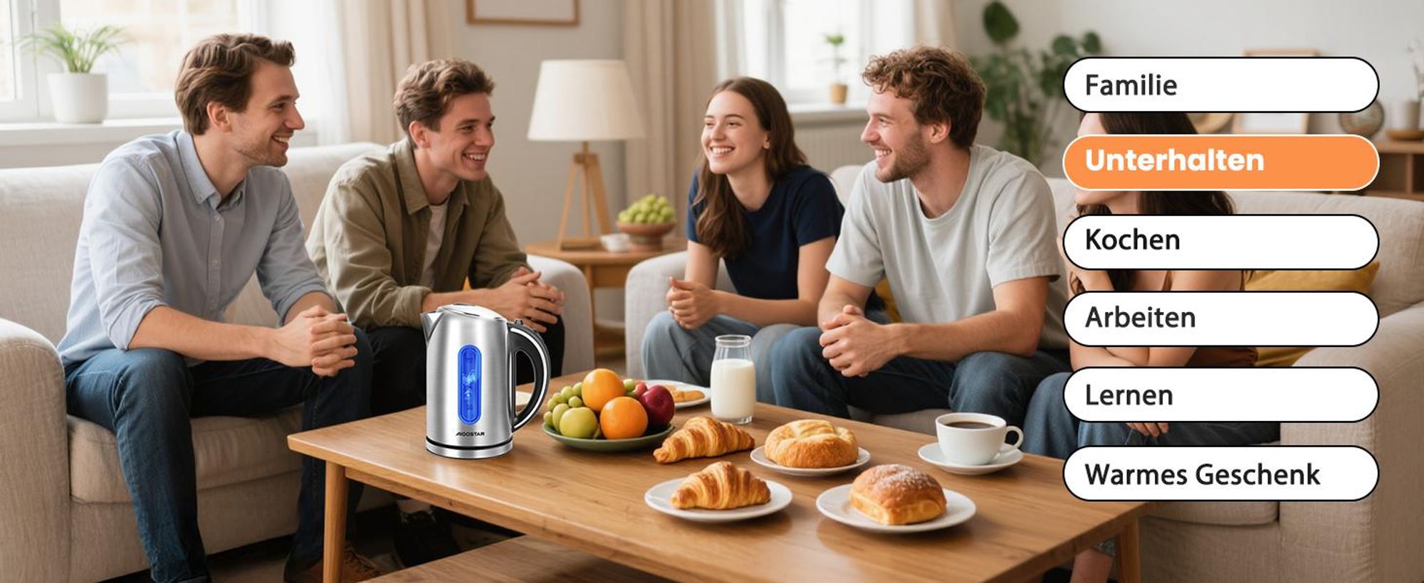 Aigostar - Wasserkocher Edelstahl 1,7L, 2200W, mit Kalkfilter, LED Beleuchtung, Mit Wasserstandsanzeige, Schnelles Kochen, Abschaltautomatik, BPA frei