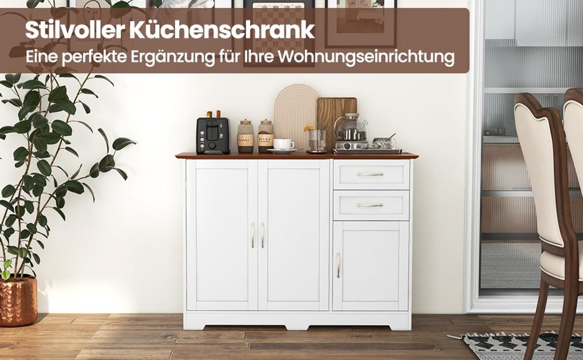 COSTWAY Sideboard Küchenschrank Weiß, Kücheninsel mit Arbeitsplatte 100×40cm Buffetschrank mit 3-Türen, 2 Schubladen & verstellbare Ablagen