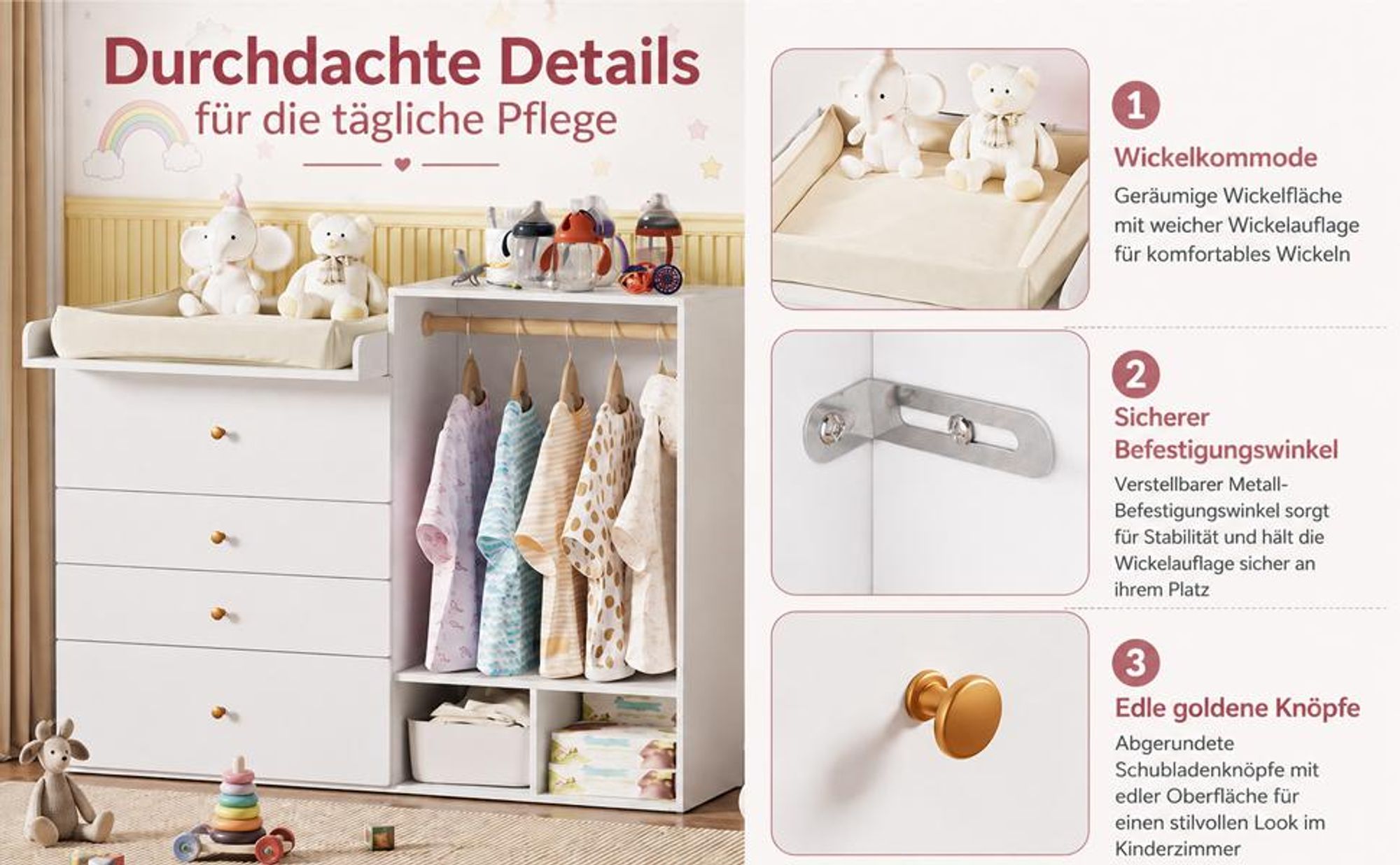 Wickelkommode mit Wickeltisch, Baby Wickeltisch mit Schubladen und Kleiderstange, Multifunktionale Kinderzimmer Kommode, 150 x 112 x 38 cm