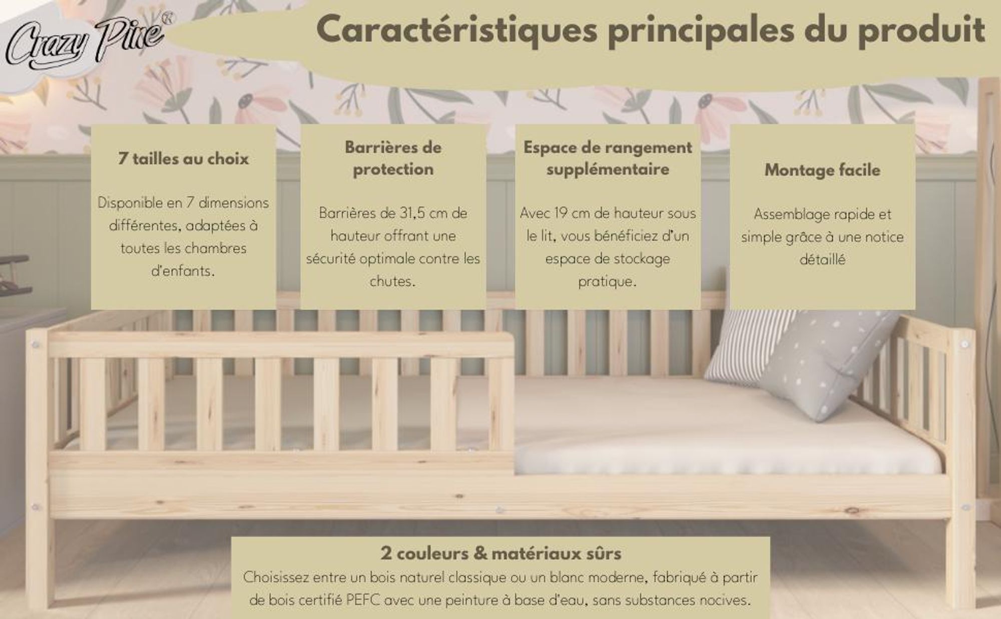 Crazy Pine Lit d'enfant 80x160 cm - Lit de sol Montessori haut en bois avec protection contre les chutes - Crazy Basic