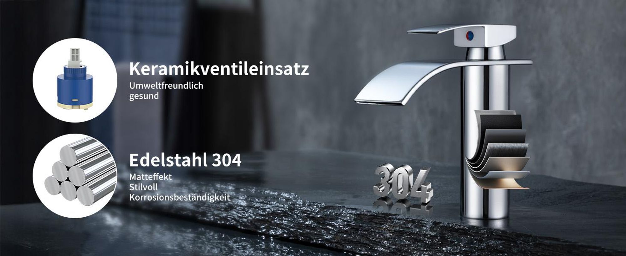 Homelody Wasserhahn Bad, Waschtischarmatur 304 Edelstahl, Waschbecken Armaturen Mischbatterie für Badezimmer Waschbecken handwaschbecken, Verchromt