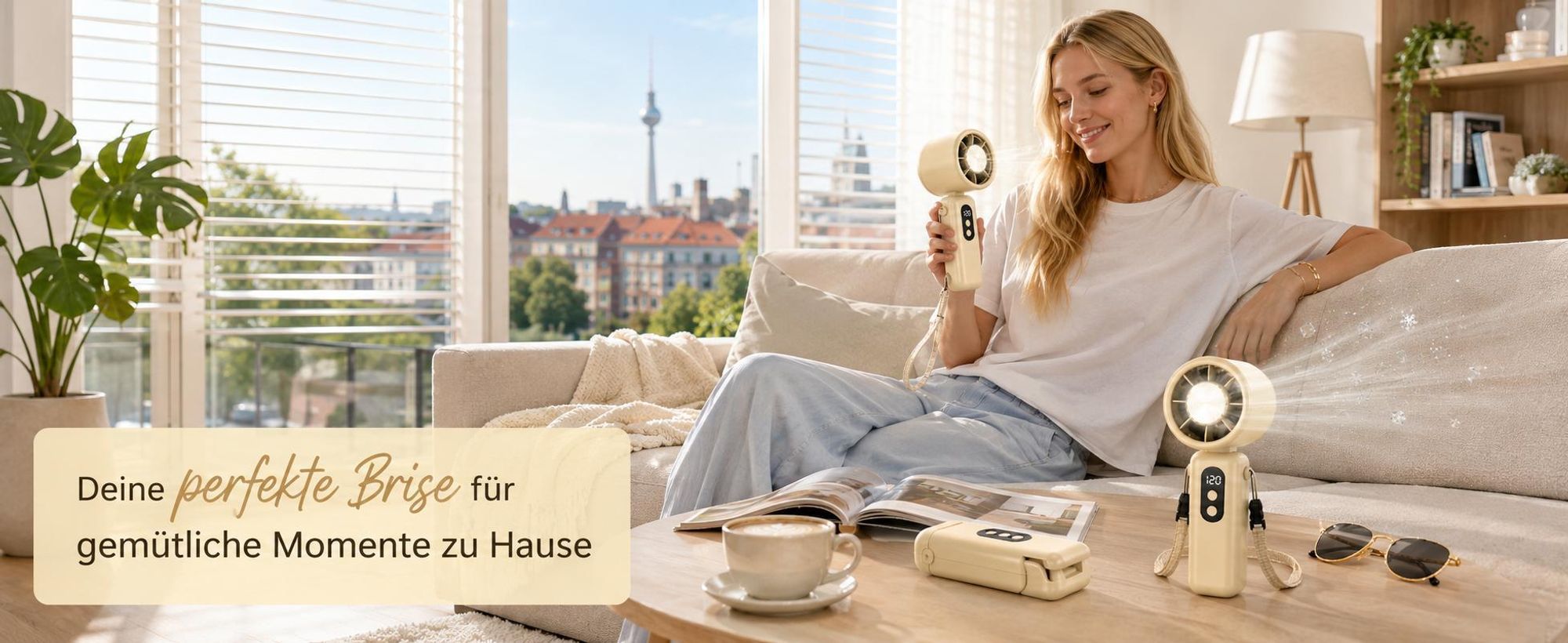 4-in-1 Handventilator, 5 Stufen Tragbarer Ventilator, 1-199 stufenlos Handventilator, Klappbar, USB Nackenventilator, LED Display, Beige