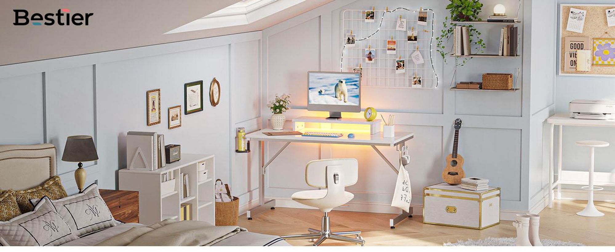 Bestier Gaming Schreibtisch 107cm klein mit LED, Gaming Tisch, Headset-Haken & Becherhalter, Computertisch