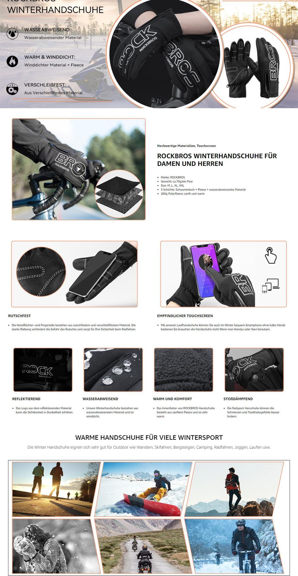 ROCKBROS Winter Fahrradhandschuhe Winddicht Touchscreen Radhandschuhe Warm Radsport M