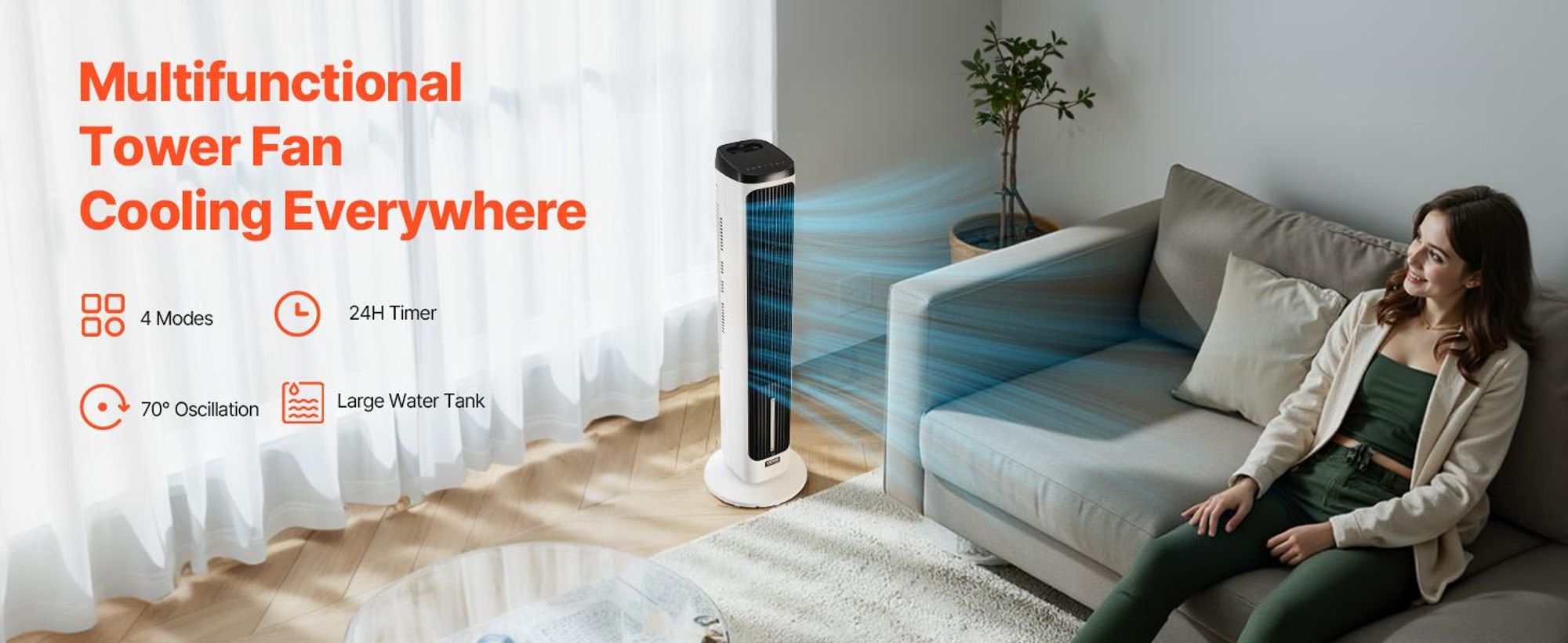 VEVOR Turmventilator, 7,1 m/s Geschwindigkeit, Leise, 70° oszillierender Ventilator, 24-Stunden-Timer, Geeignet für Schlafzimmer, Büro und Zuhause