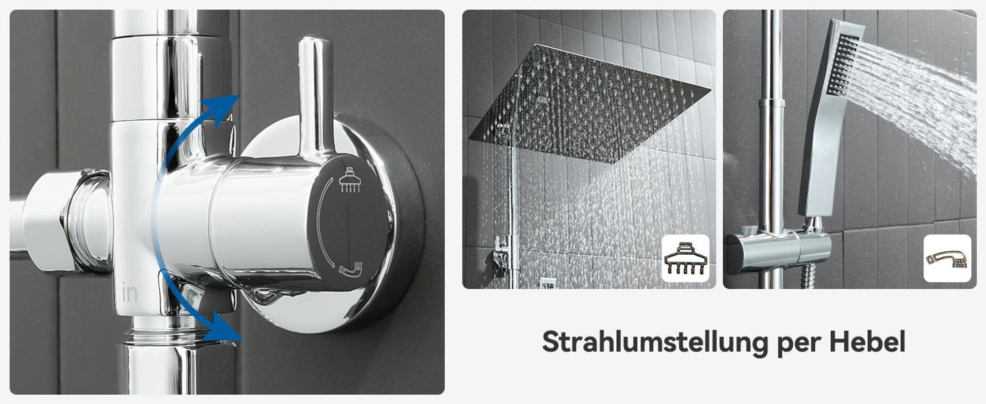 Auralum Regendusche Duschsystem Edelstahl 20x20 cm eckig, Duschset ohne Armatur, Regendusche Chrom, höhenverstellbare Duschstange, mit Wasserteiler