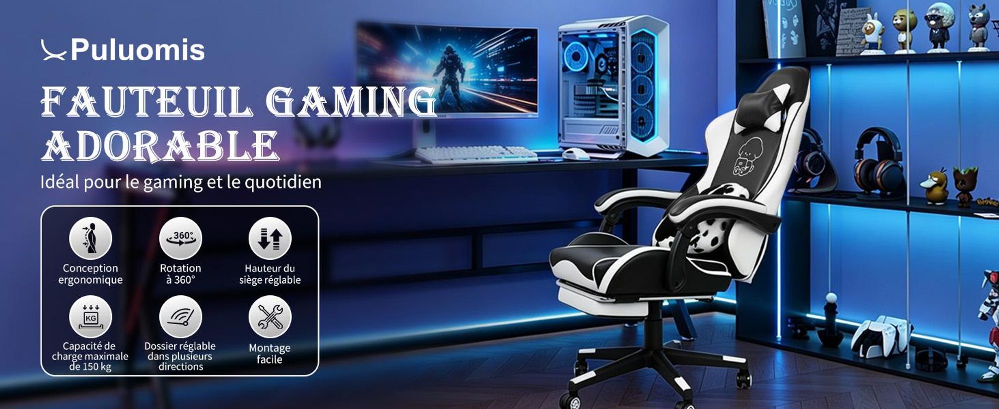Chaise de gaming Puluomis avec repose-pieds, fauteuil de bureau, siège de chef, chaise de bureau, siège de course, ergonomique, pivotante, réglable en hauteur, design noir et blanc