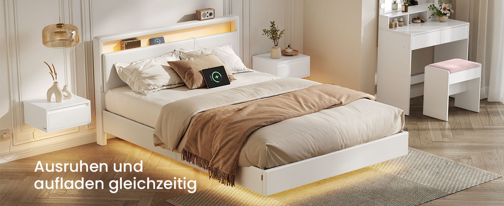 VASAGLE Bettgestell, Doppelbettgestell, 140 x 200 cm, schwebender visueller Effekt, Bett mit LED-Beleuchtung, hohem Kopfteil, Ladestation, modern