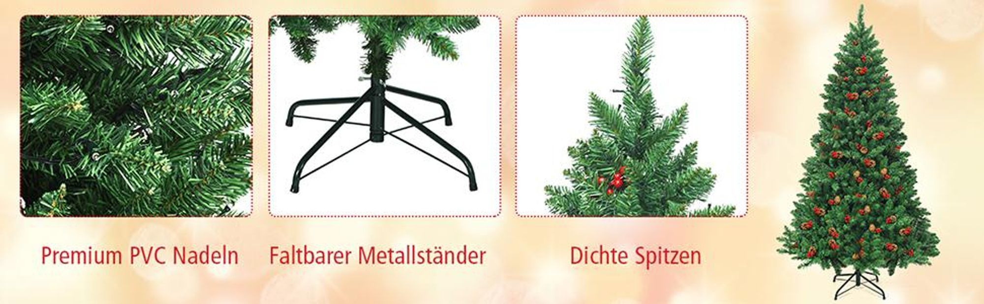 COSTWAY 135cm Künstlicher Weihnachtsbaum mit warmweißer LEDs, Metallständer, Tannenzapfen, rote Beeren&Klappsystem, , Christbaum PVC Nadeln, Grün