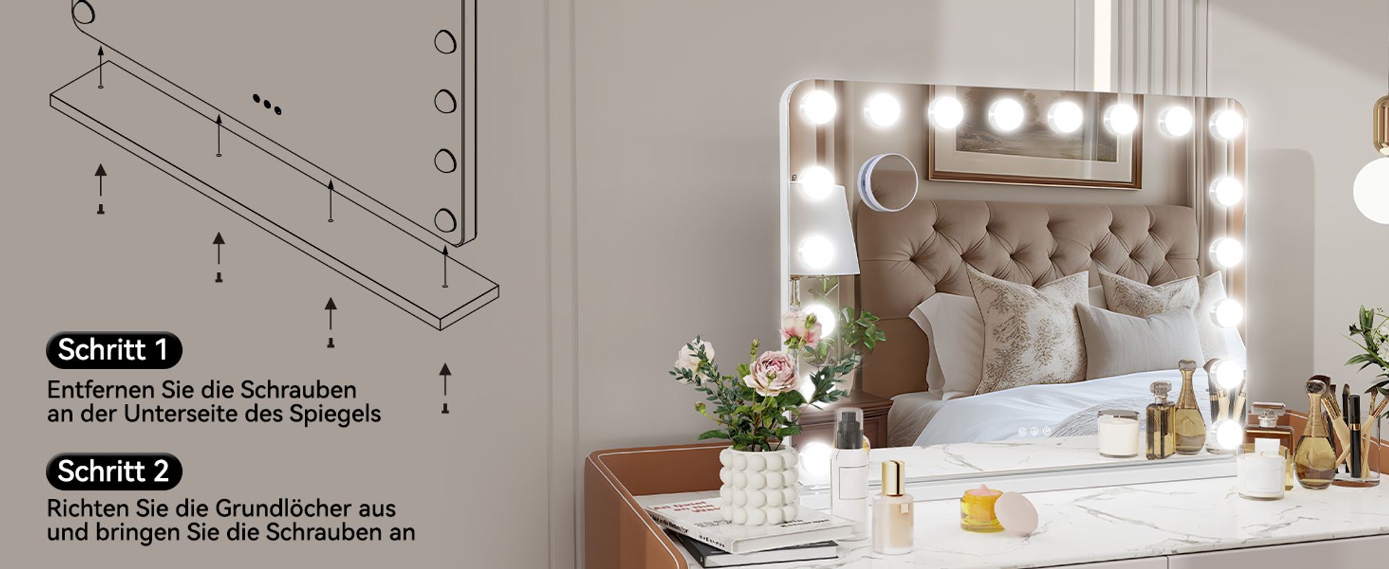 Puluomis Schminkspiegel Kosmetikspiegel 80x60cm Hollywood Spiegel Dimmbar mit 18 LED Beleuchtung 3 Farben, mit USB, 10x, Wandspiegel weiß, rund Ecke