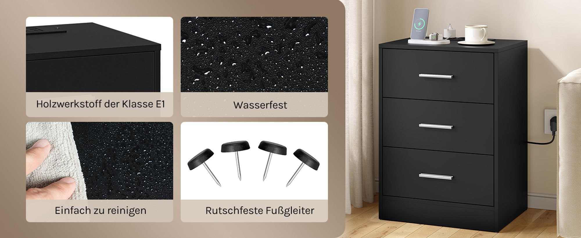 WOLTU Nachttisch, Beistelltisch mit Ladefunktion, Steckdose, 3 Schubladen, Modern, Schwarz