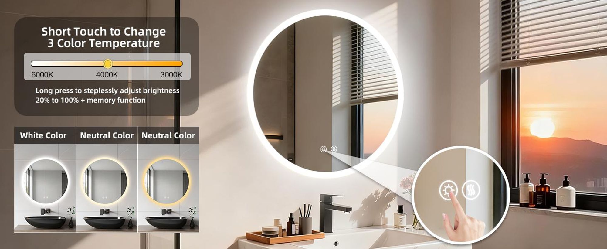 WISFOR LED Badezimmerspiegel Rund 70 cm ohne Rahmen mit Speicherfunktion, Beschlagfrei, Dimmbar, IP66