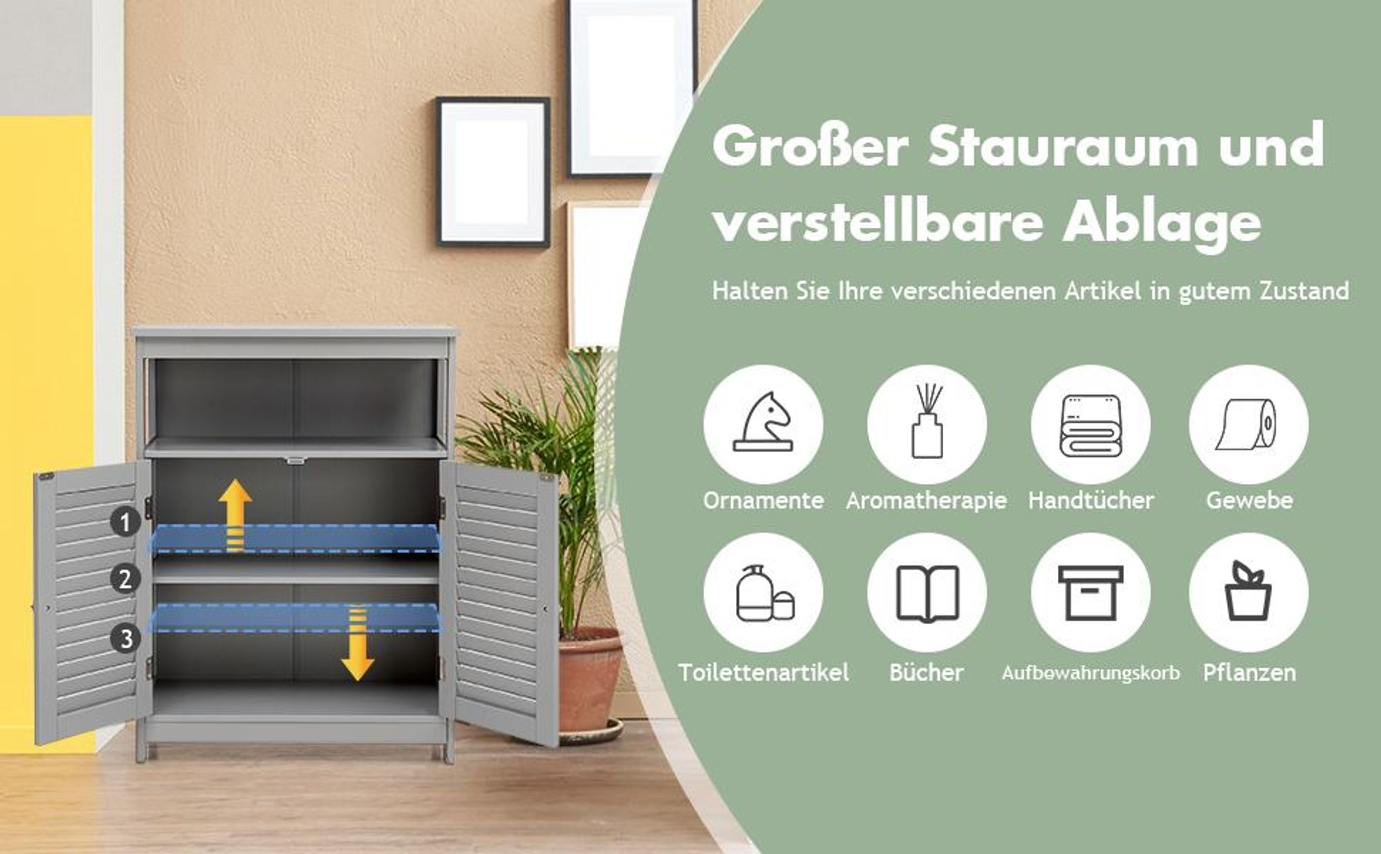COSTWAY Badezimmer Schrank Aufbewahrungsschrank mit 2 Rollladentüren für Bad Küche Wohnzimmer Weiß