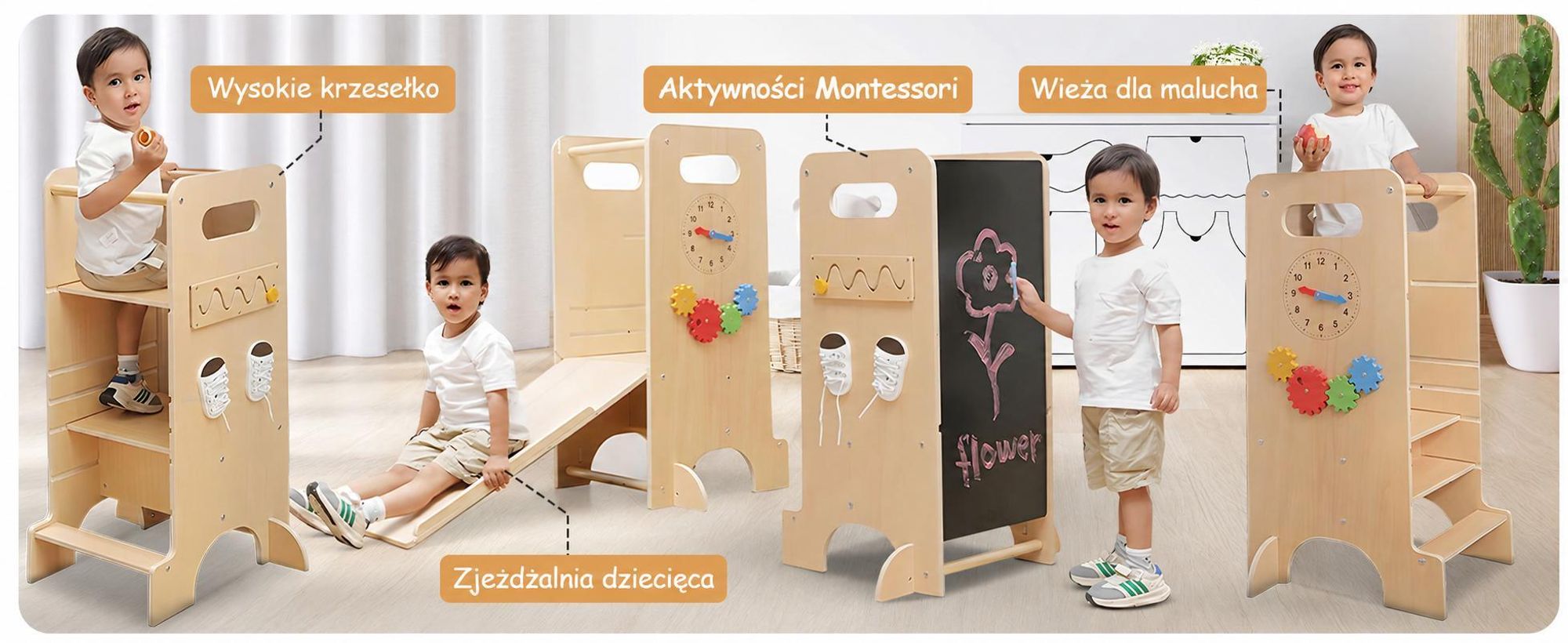 Wieża edukacyjna Olvy od 1 roku - Wieża edukacyjna Montessori 4 w 1 dla dzieci, z regulacją wysokości, zjeżdżalnią, planszą i grami, wielofunkcyjna pomoc kuchenna dla dzieci