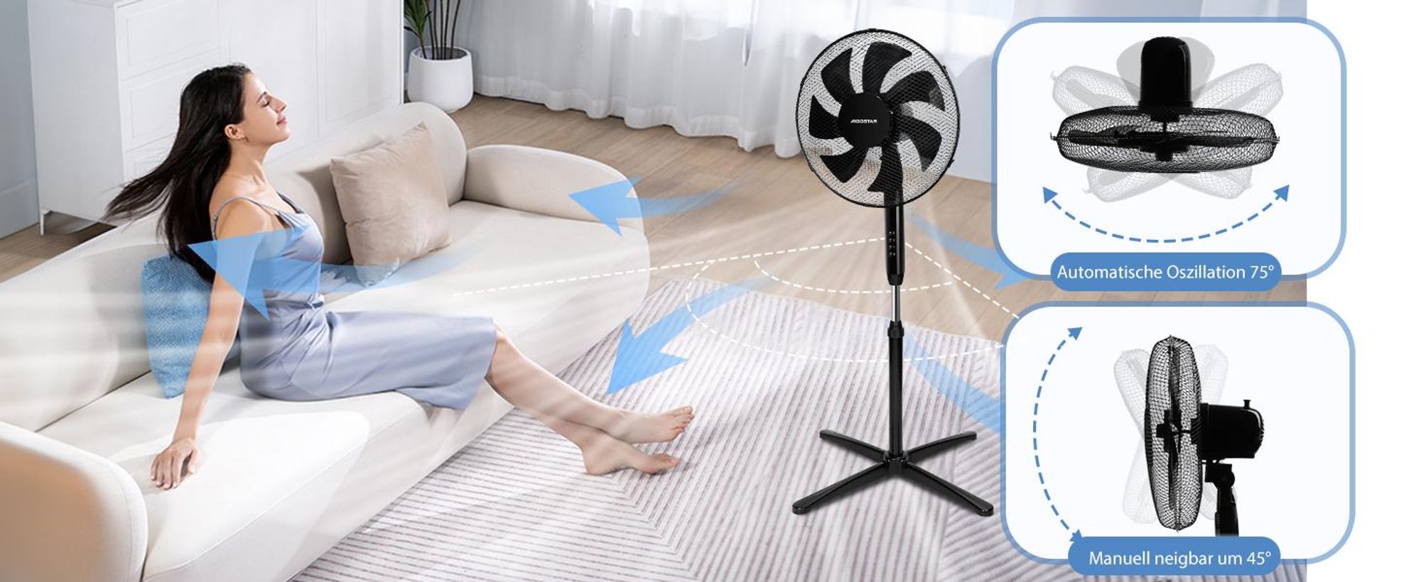 Aigostar - Standventilator, 3 Geschwindigkeiten, 7 Klingen, 41 cm Durchmesser, leise, 75° Oszillation, Schwarz
