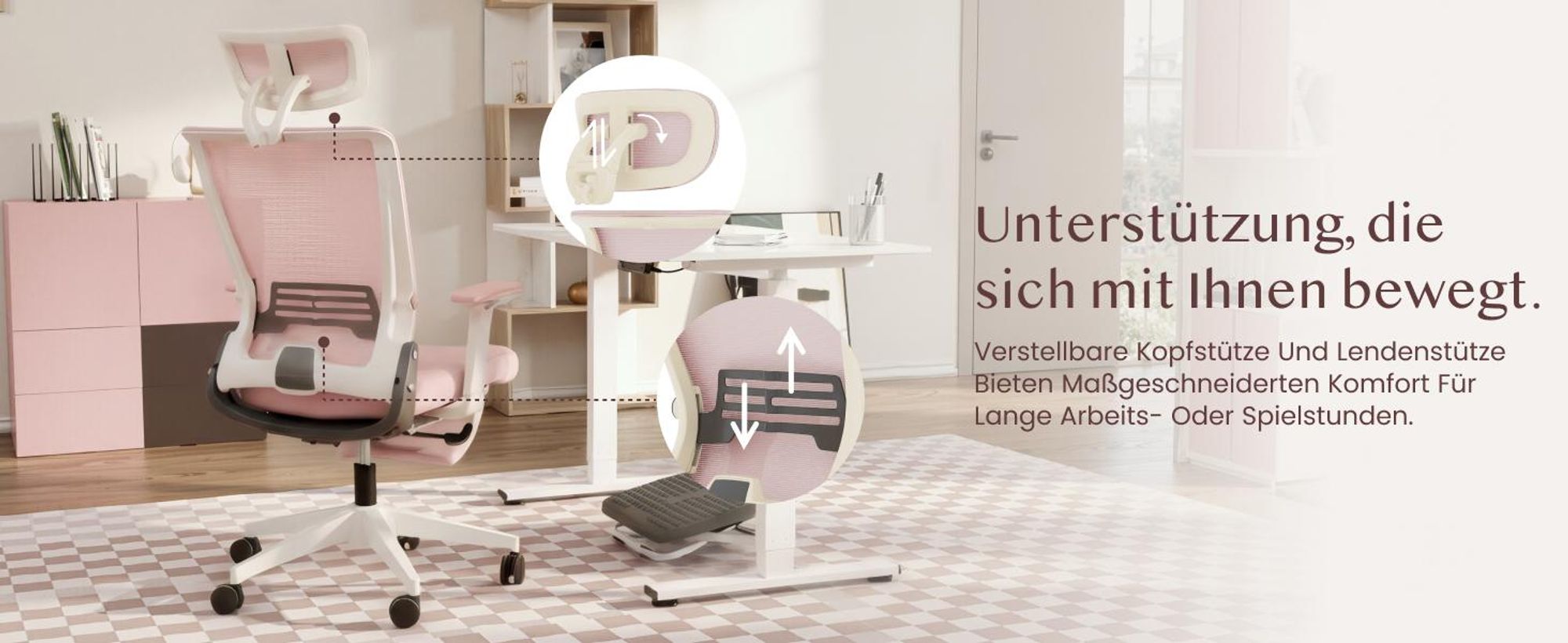 FLEXISPOT Foldex Ergonomischer Bürostuhl, klappbarer Bürostuhl für Kleine Räume mit Lendenwirbelstütze Höhenverstellbaren Armlehnen mit Fußstütze Rosa