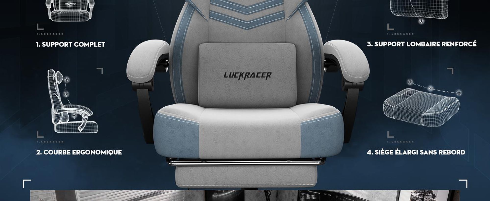LUCKRACER Chaise de jeu, chaise de bureau avec accoudoirs reliés, coussin en mousse à mémoire de forme, angle d'inclinaison de 90-155° et repose-pieds, tissu fonctionnel résistant