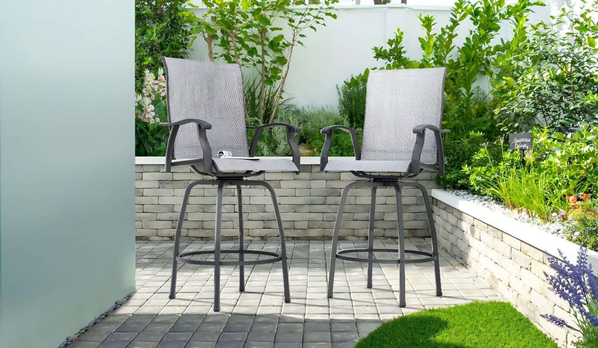 Avestar drehbare Garten-Barhocker 2er Set, hohe Gartenstühle, Barstühle mit Fußstütze, hoher Rückenlehne, wetterfeste Hochstühle aus Textilene, Grau
