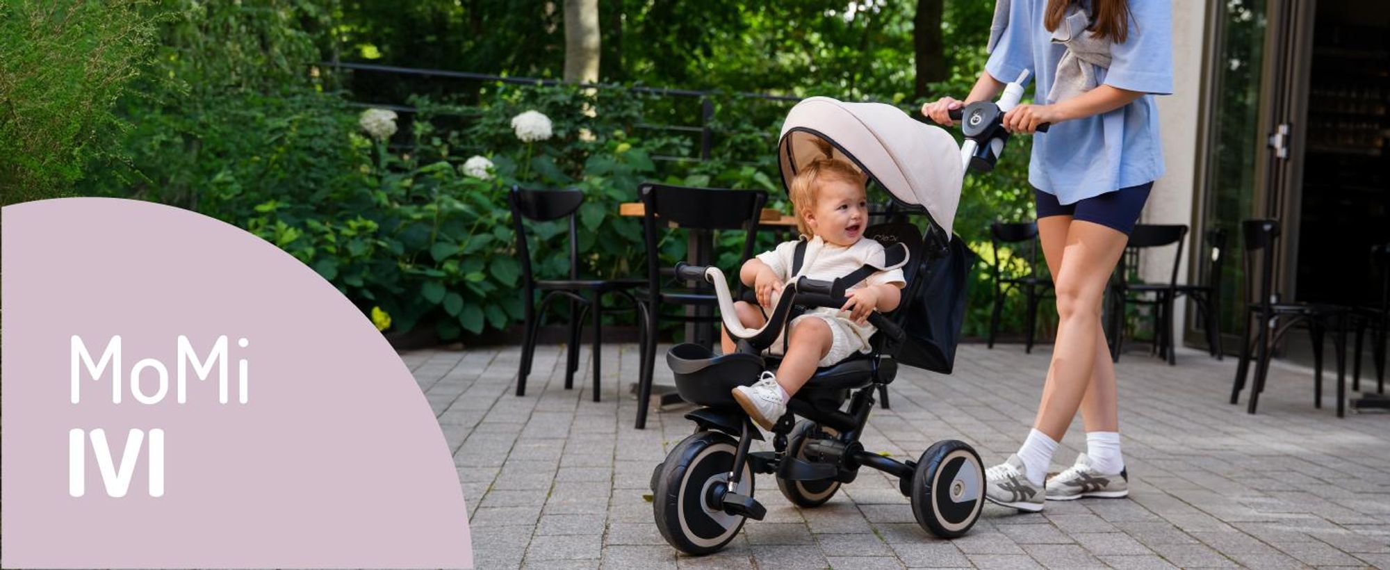 MoMi IVI Kinderdreirad 3-in-1 Beige – 360° drehbarer Sitz, 3-Punkt-Gurt, höhenverstellbare Schiebestange, Sonnendach, PolyurethanRäder, Frontkorb – ab 9 Monaten