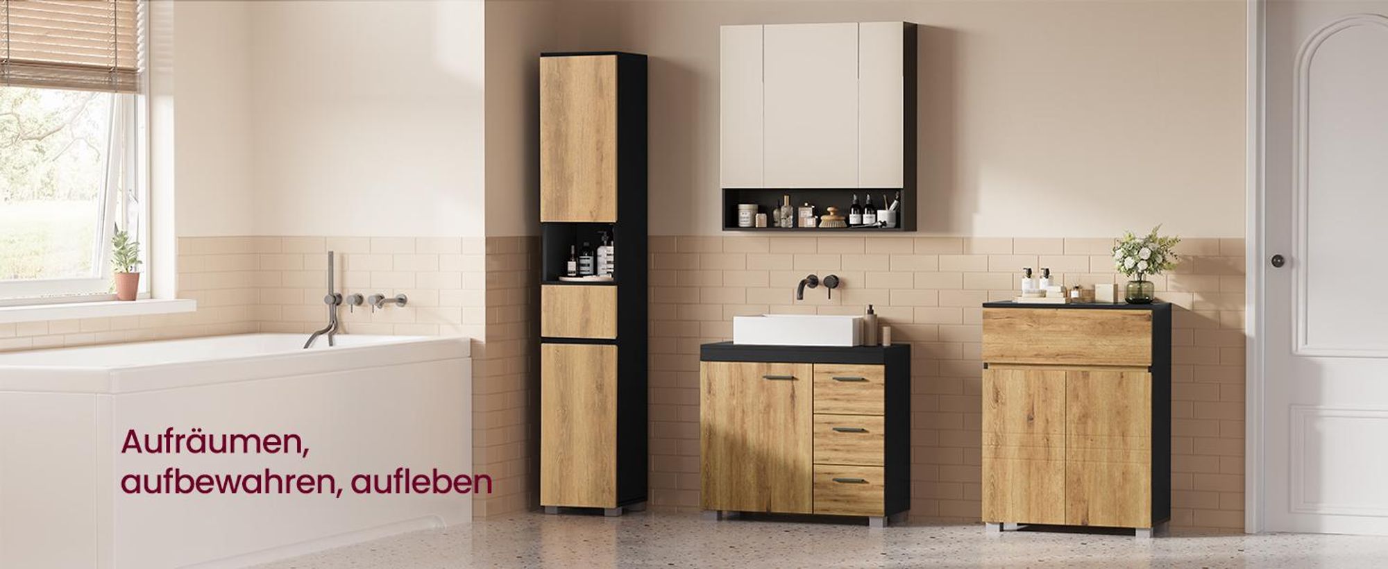 VASAGLE Badschrank, Badezimmermöbel mit Schublade, verstellbare Ablagen, offenes Fach, 30 x 30 x 170,2 cm, schwarz-braun