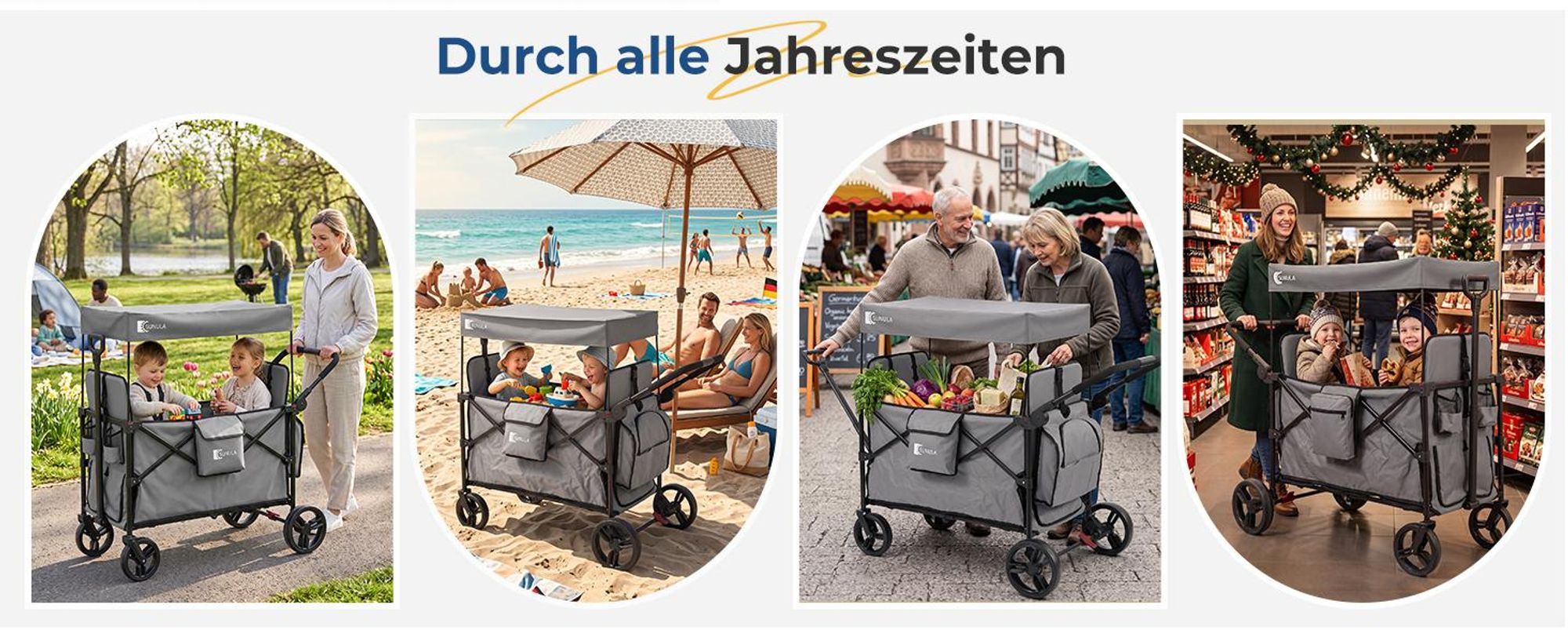 Sekey Faltbar Bollerwagen mit Dach, für 1 bis 2 Kinder, Schiebe- und Zieh Funktion, mit XXL-Rädern (25/20 cm) und 5-Punkt-Gurtsystem, Grau