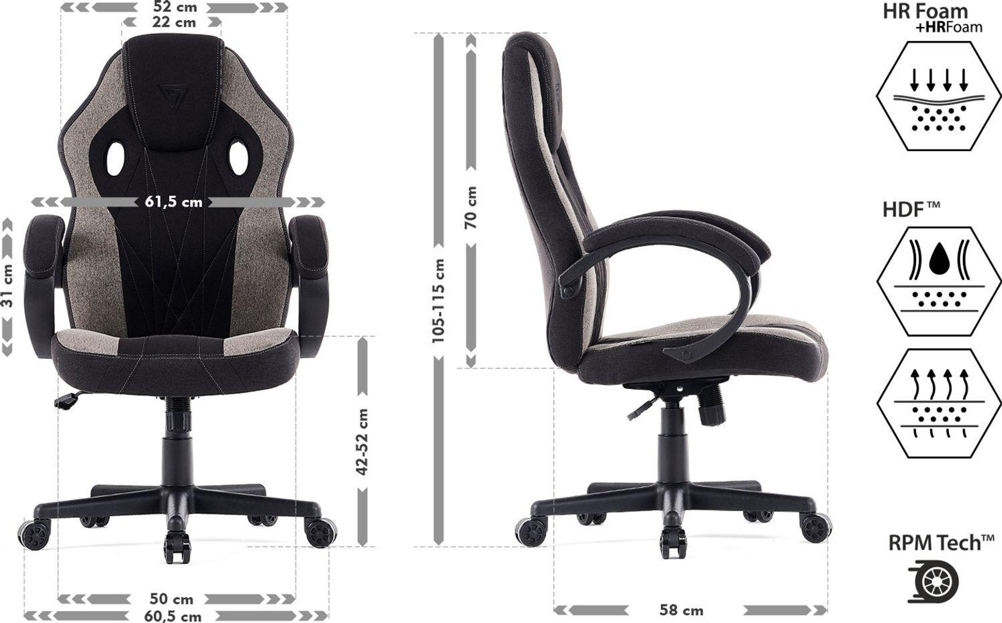 SENSE7 Prism Gaming Krzesło materiałowe czarno-szare – ergonomiczne krzesło biurowe Krzesło do komputera Krzesło dla graczy FlowTech™, pianka HR, tkanina HDF™