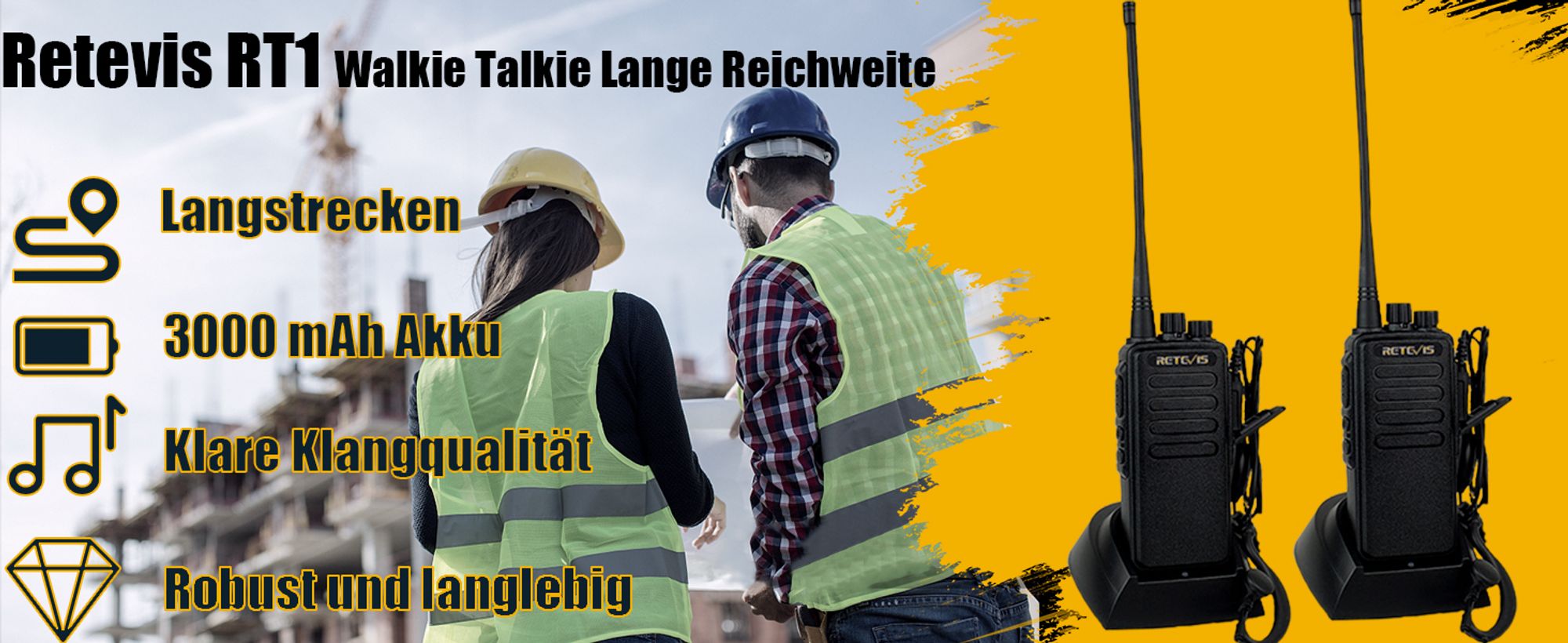 Retevis RT1 Funkgeräte, Handfunkgeräte mit Headset, Hochleistungsantenne,3000mAh Wiederaufladbar, Großer Reichweite für Baustellen, Herstellung,Schule