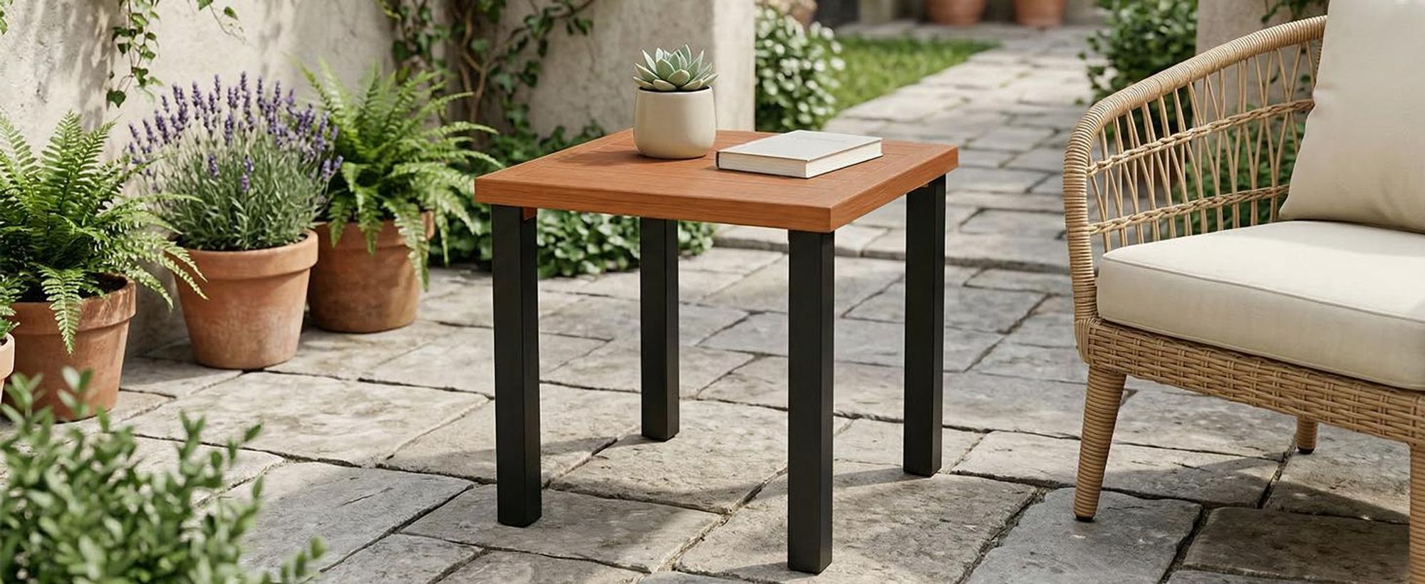 Tribesigns Beistelltisch Outdoor, wetterfester Balkontisch Gartentisch mit Tischplatte in Holzoptik und stabilen schwarzen Metallbeinen für Terrasse