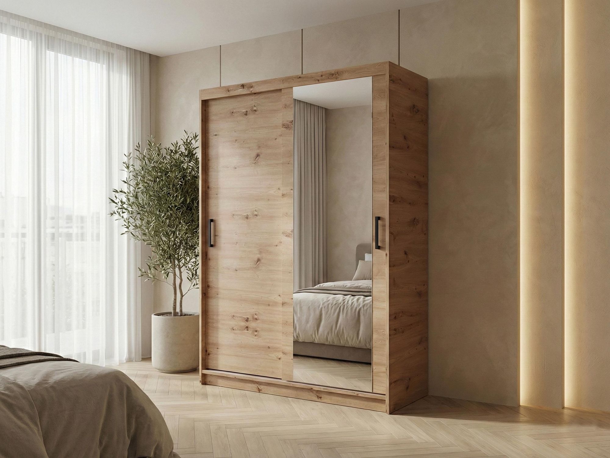 BEAUTYSOFA | Schwebetürenschrank HELA 120 cm Eiche Artisan – 2-türig Moderner Kleiderschrank mit Spiegel und Schiebetüren