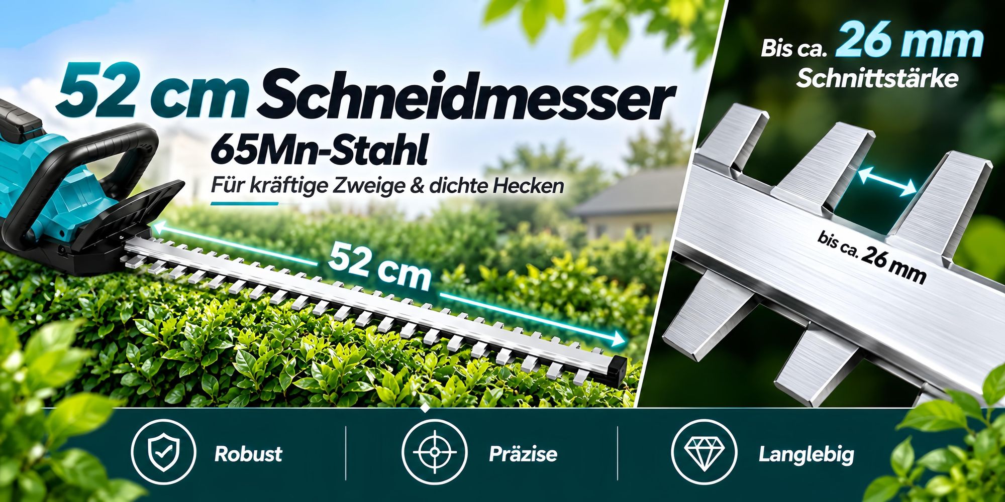1500W Akku-Heckenschere 21V Brushless, 52 cm Messer, 2×4,0Ah Akkus, 360° Drehgriff, bis 26 mm Schnittstärke