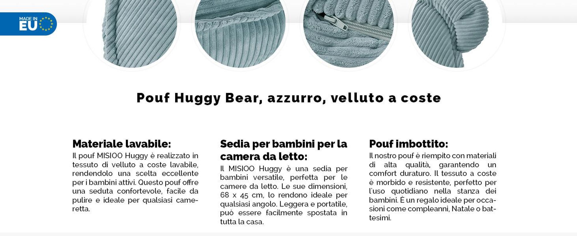 MISIOO Pouf a sacco per bambini - Huggy Bear - Poltrona per bambini - Pouf in velluto a coste - Ideale per la stanza dei bambini - Facile da lavare - Blu