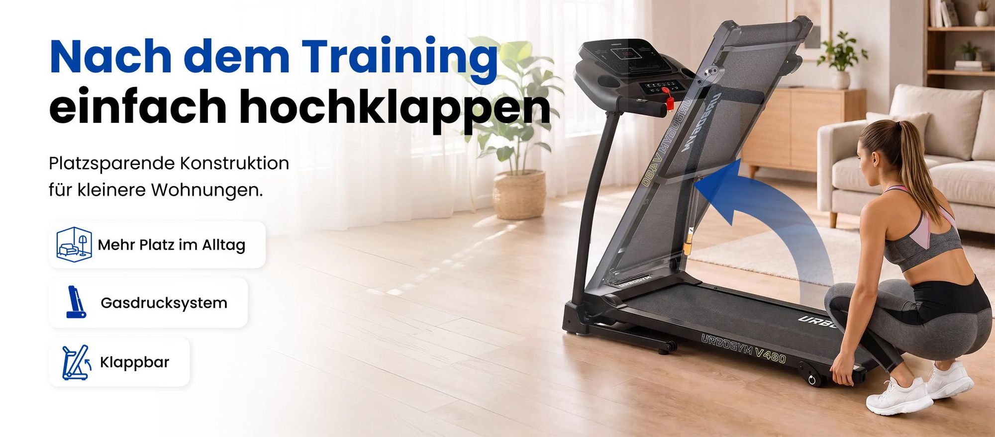 URBOGYM V480 elektrisches Laufband für Zuhause, 12 km/h, 120 kg, 40 × 120 cm Lauffläche, 12 Programme, Bluetooth, klappbar