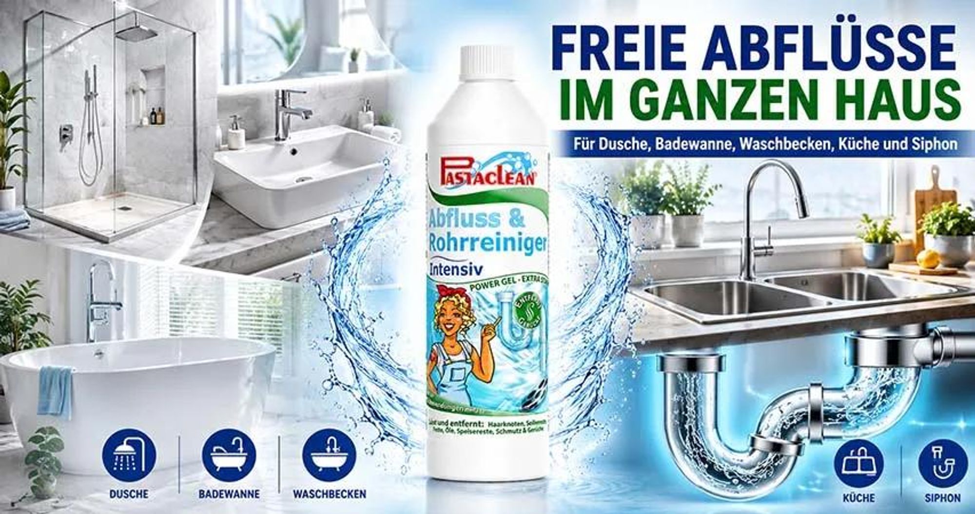 Pastaclean Intensiv Rohrreiniger 2x 750 ml – Abflussreiniger Vorteilspack, löst Haare, Fett & Speisereste, für Spüle, Waschbecken, Dusche & WC
