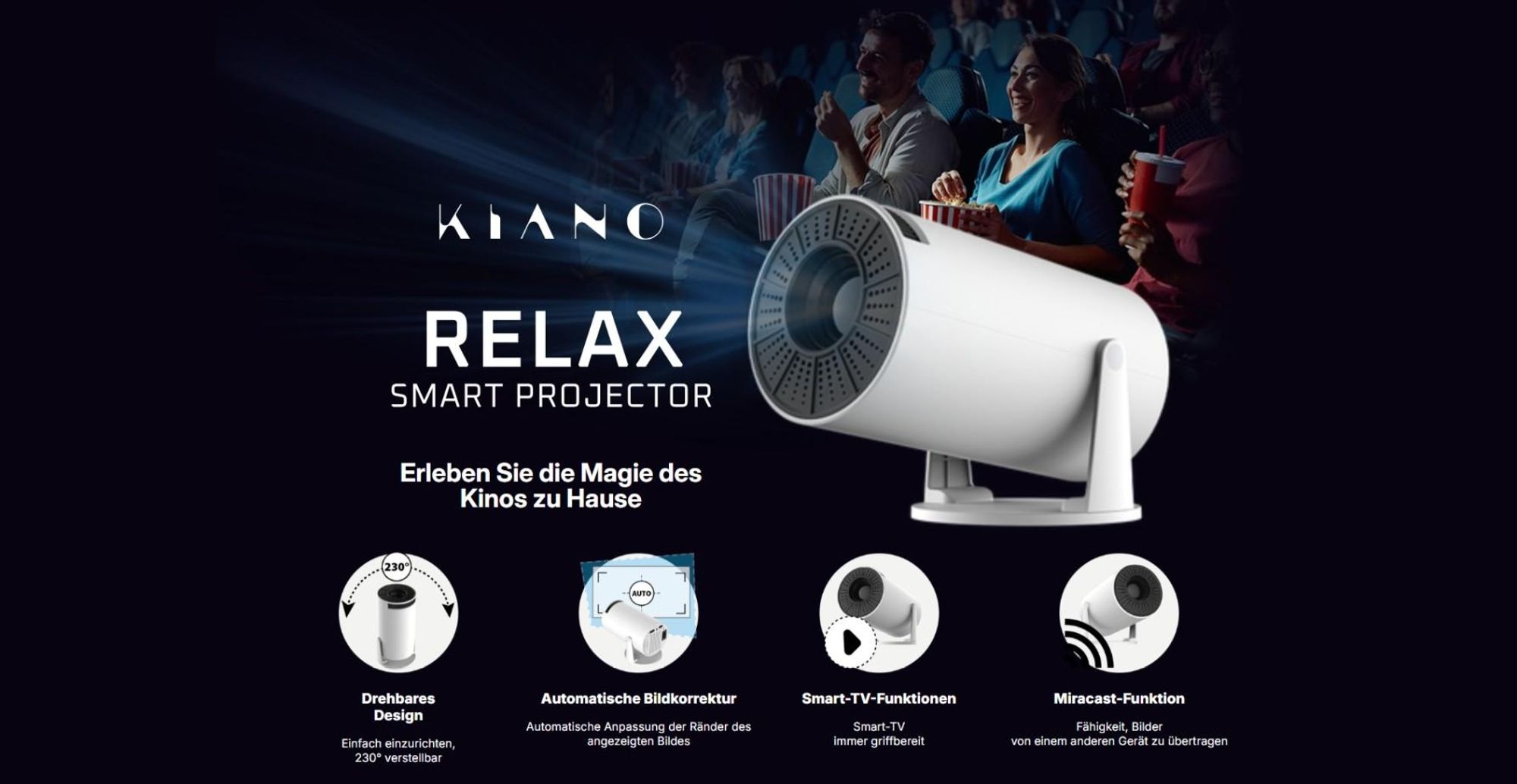 Kiano Relax Projektor Mini Tragbarer Beamer Smart TV, Trapezkorrektur, 1280x720, Android/iOS, 140 ANSI, Android, DLNA, Wi-Fi