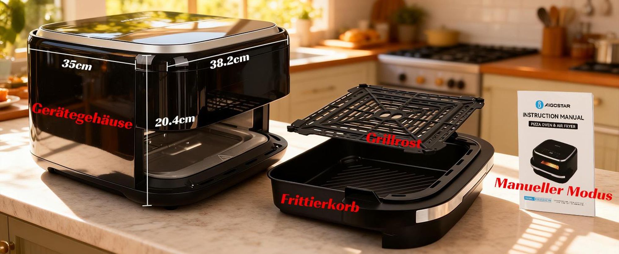 Aigostar Heißluftfritteuse XL 745 cm² Garfläche, Pizzafunktion, Doppelheizung, Sichtfenster, 11 Programmen 2200 W leiser, Extra-Crisp Technologie