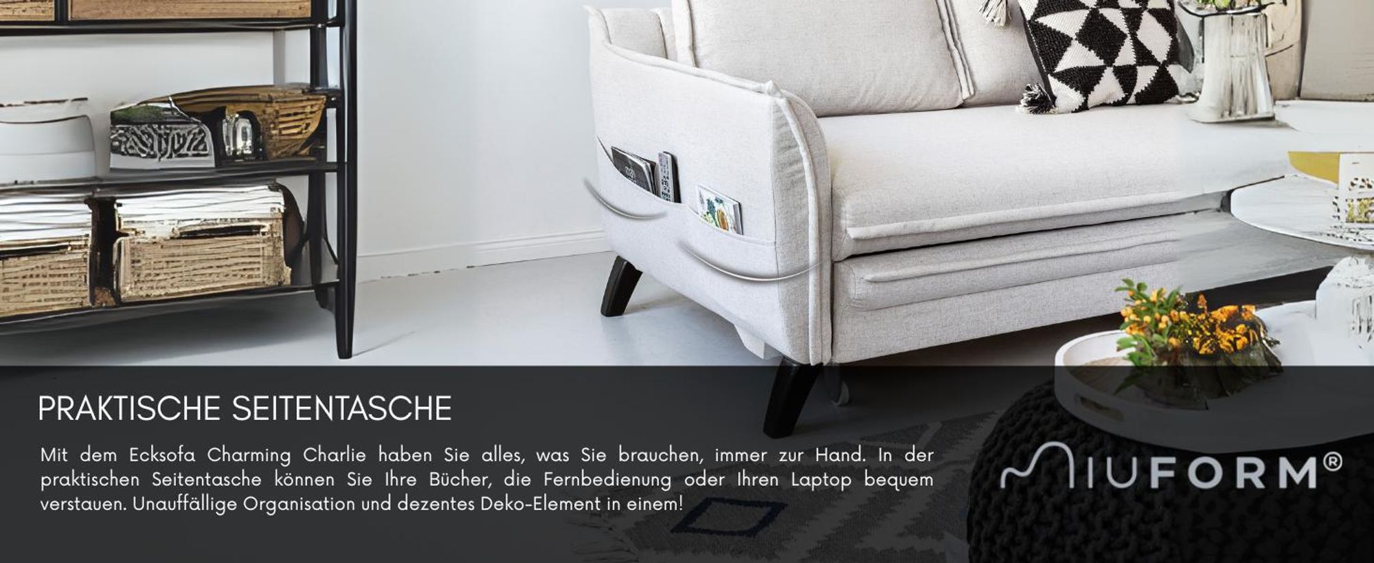 MIUFORM Charming Charlie - Ecksofa mit Bettfunktion und Bettkasten L-FORM RECHTS - 228x150cm - Dunkelgrau - Sofa Schlafsofa Couch