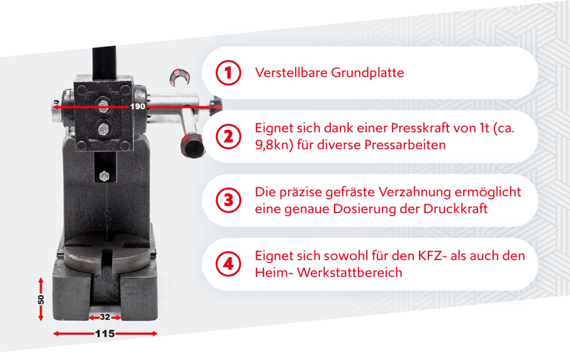 1T Drehdornpresse Werkstattpresse Dornpresse Handhebelpresse Gusseisen 1000 kg Presskraft