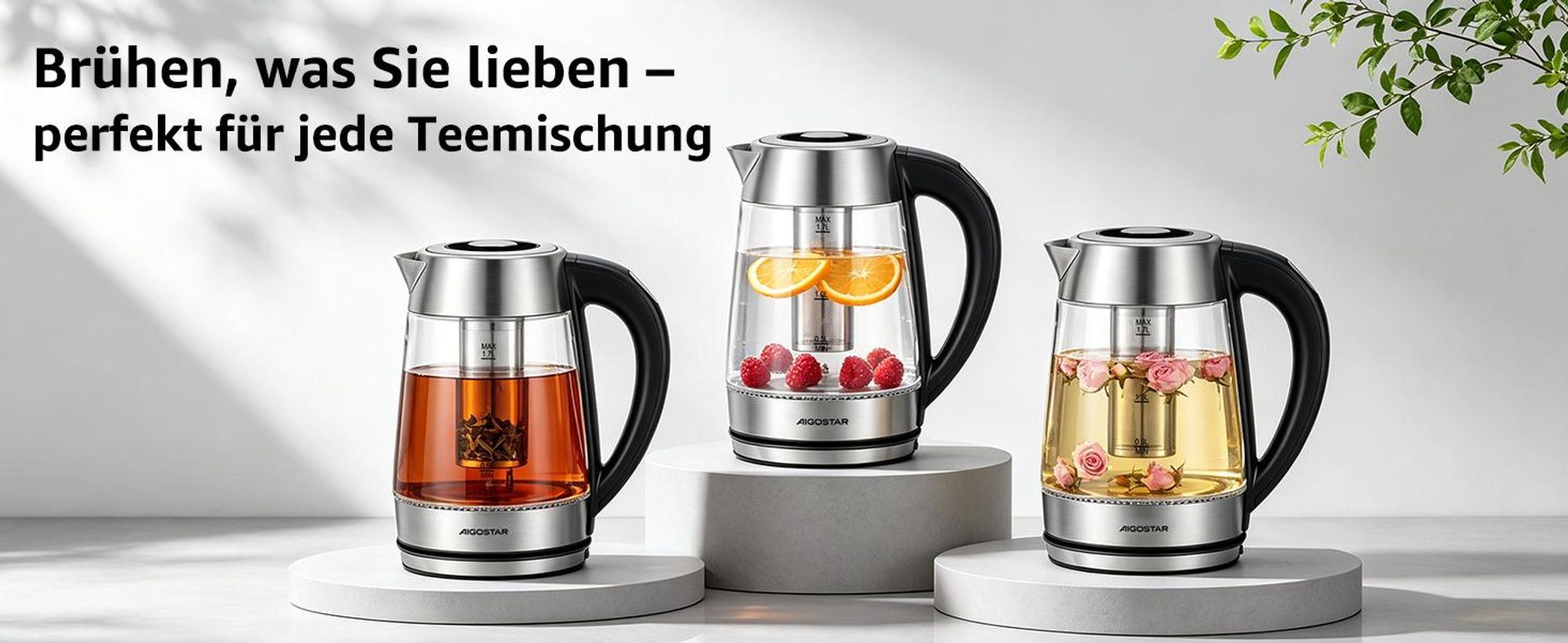 Aigostar Glas Wasserkocher 1,7 L mit Temperatureinstellung 60–100 °C, 2200 W, Farbwechsel-LED, 120 Min. Warmhaltefunktion, Edelstahl & Borosilikatglas